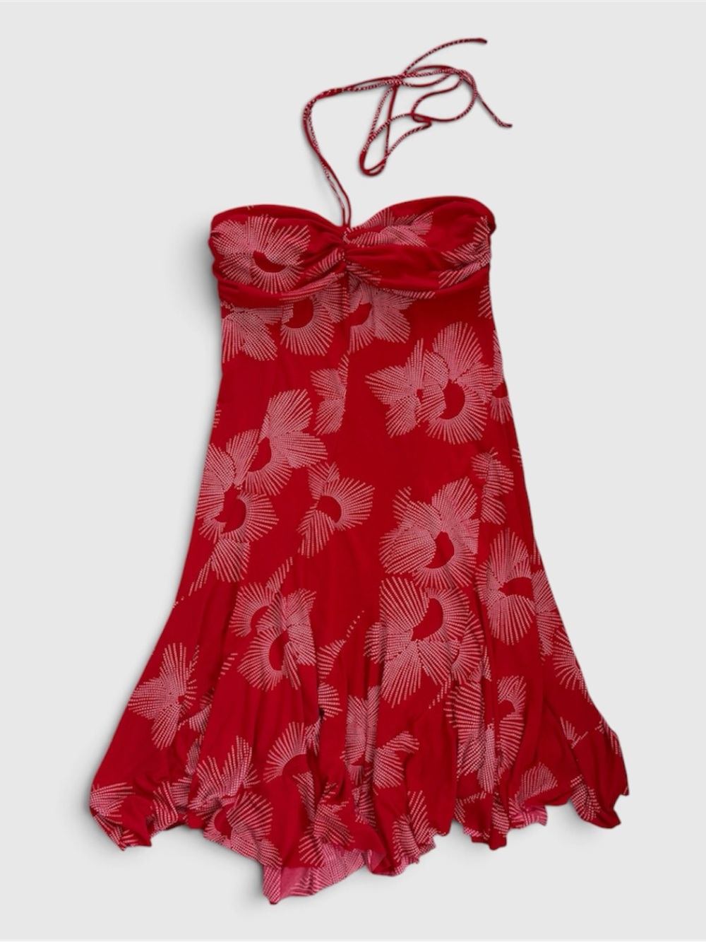 B Darlin Red Halter Mini Dress Floral Asymmetrical Handkerchief Hem Size 9/10